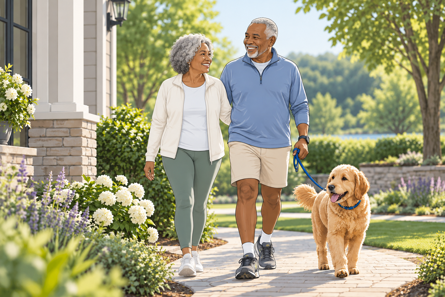 An older couple walking their dog outdoors